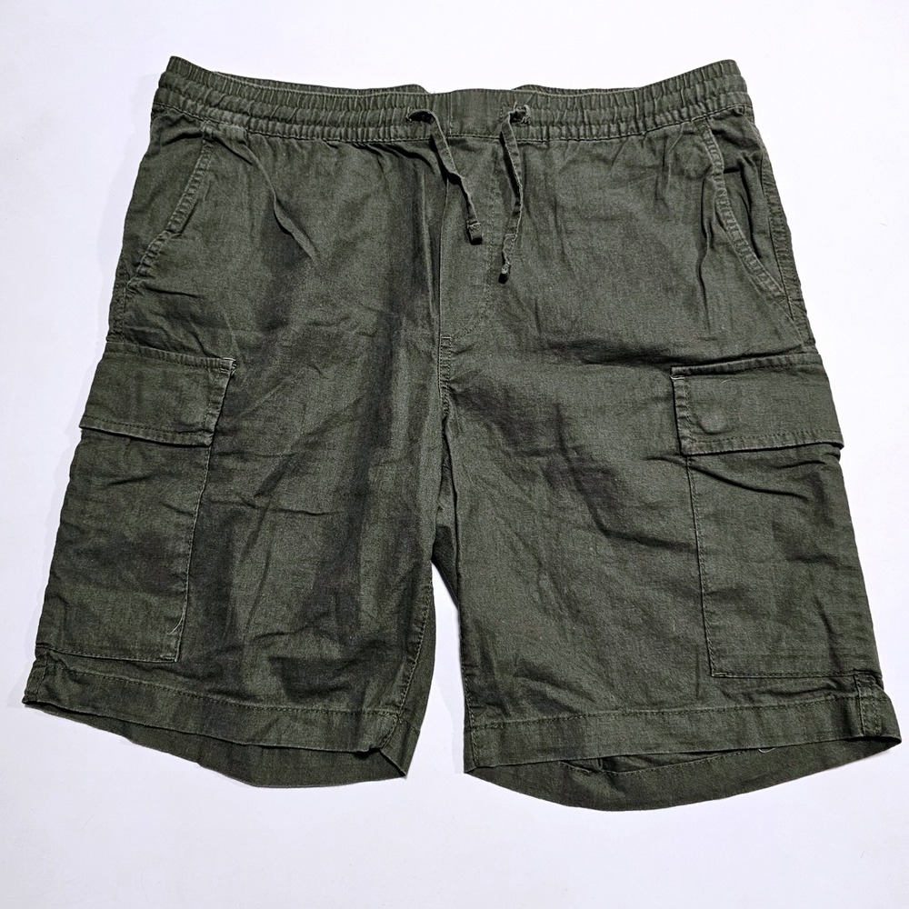 HM LOGG Mens Olive Green Linen Cotton Blend Cargo Shorts Size L Drawstring - Picture 2 of 9